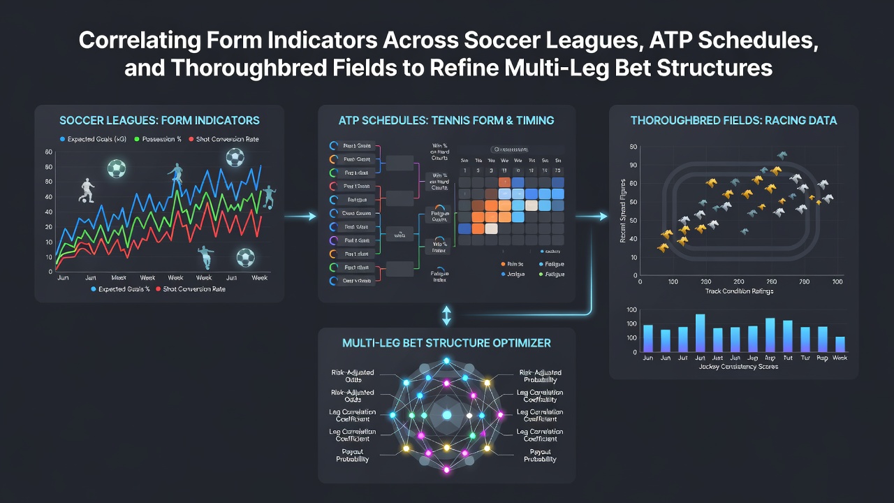 Data charts displaying soccer league form trends alongside ATP player schedules and thoroughbred racing results