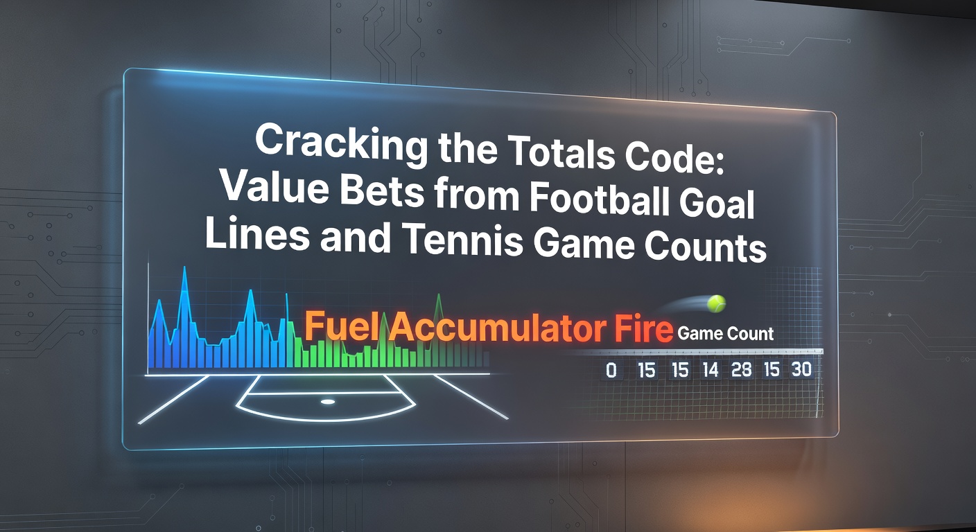A dynamic split-image showing a soccer goalpost with a ball flying in and a tennis net mid-rally, overlaid with accumulator bet slips highlighting over/under lines
