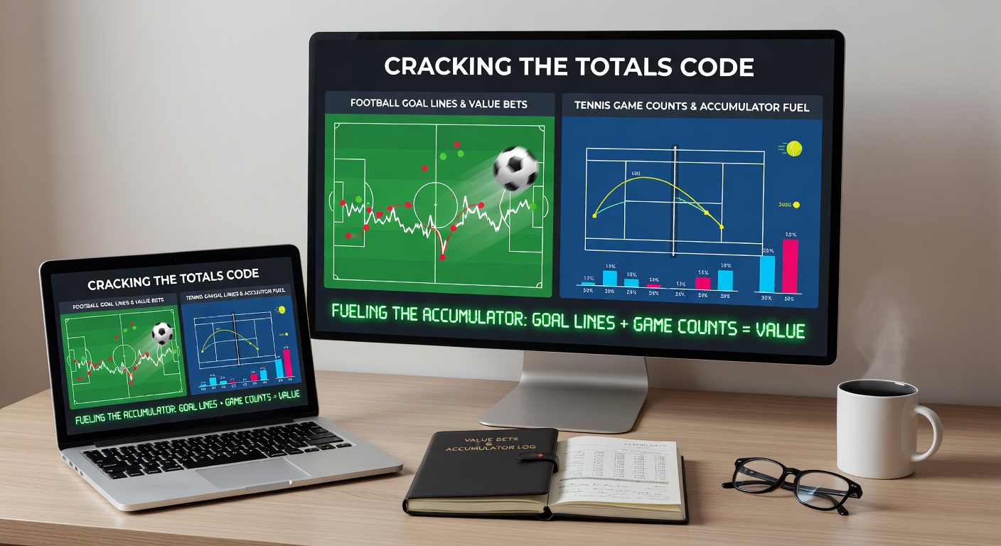 Close-up of a betting interface displaying soccer over/under goal lines alongside tennis total games props, with green checkmarks on winning accumulator selections