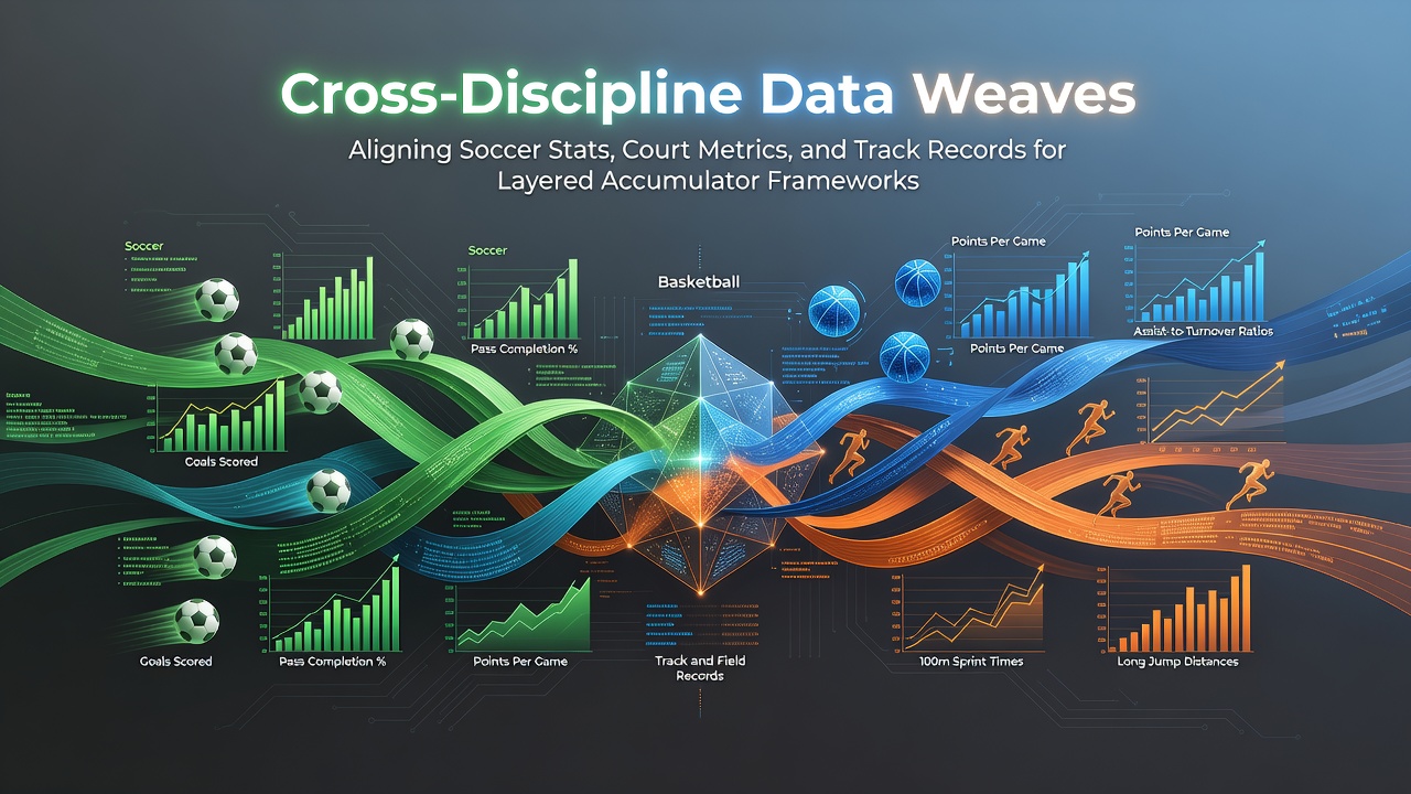 Data visualization showing interconnected soccer statistics, basketball court metrics, and horse racing track records overlaid on accumulator betting frameworks