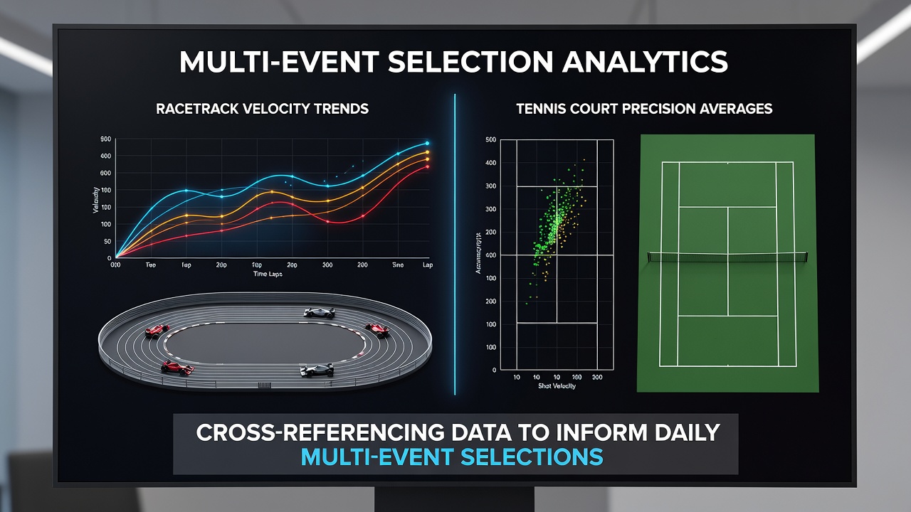 Racetrack velocity charts alongside tennis court precision metrics displayed on analytical dashboards