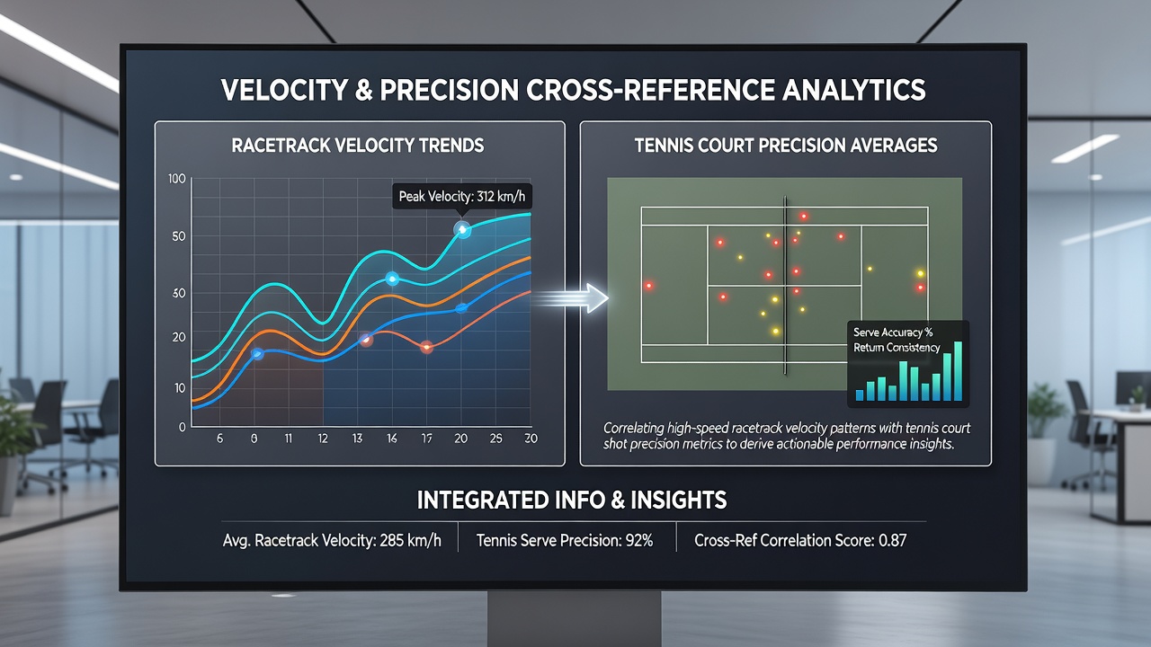 Side-by-side comparison graphs showing racetrack speeds and tennis precision data merged for multi-event analysis