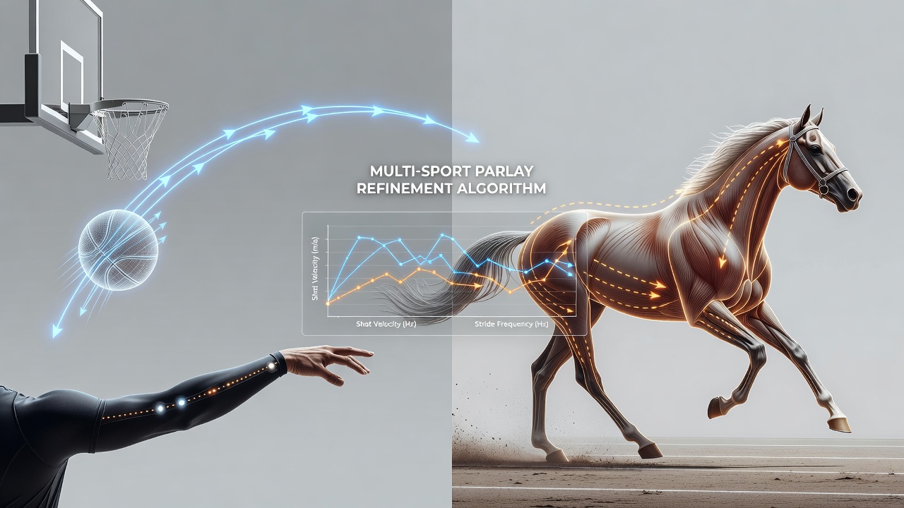 Diagram illustrating velocity measurements in basketball shot arcs alongside equine stride cycle analysis for cross-sport data comparison