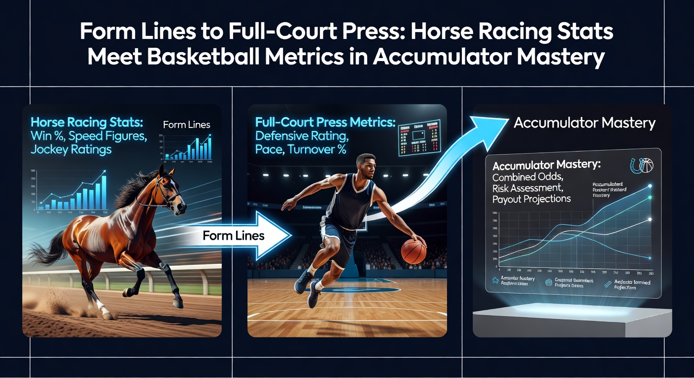Horse racing form lines overlaid with basketball court diagrams, illustrating statistical crossovers for accumulator bets