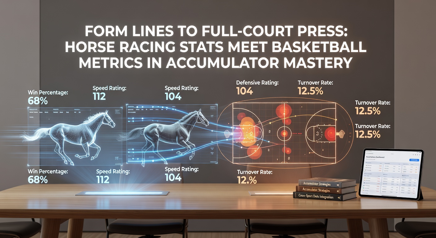 Dynamic graphic merging a galloping horse's form chart with a basketball full-court press formation, symbolizing accumulator strategy fusion