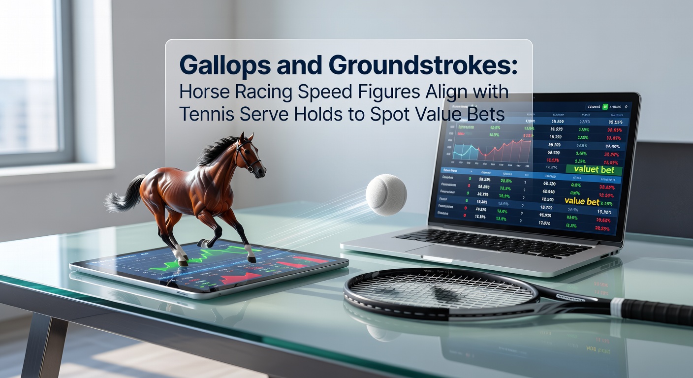 A dynamic split-image showing a horse thundering down a racetrack alongside a tennis player delivering a powerful serve, highlighting the parallel worlds of speed and precision in sports betting