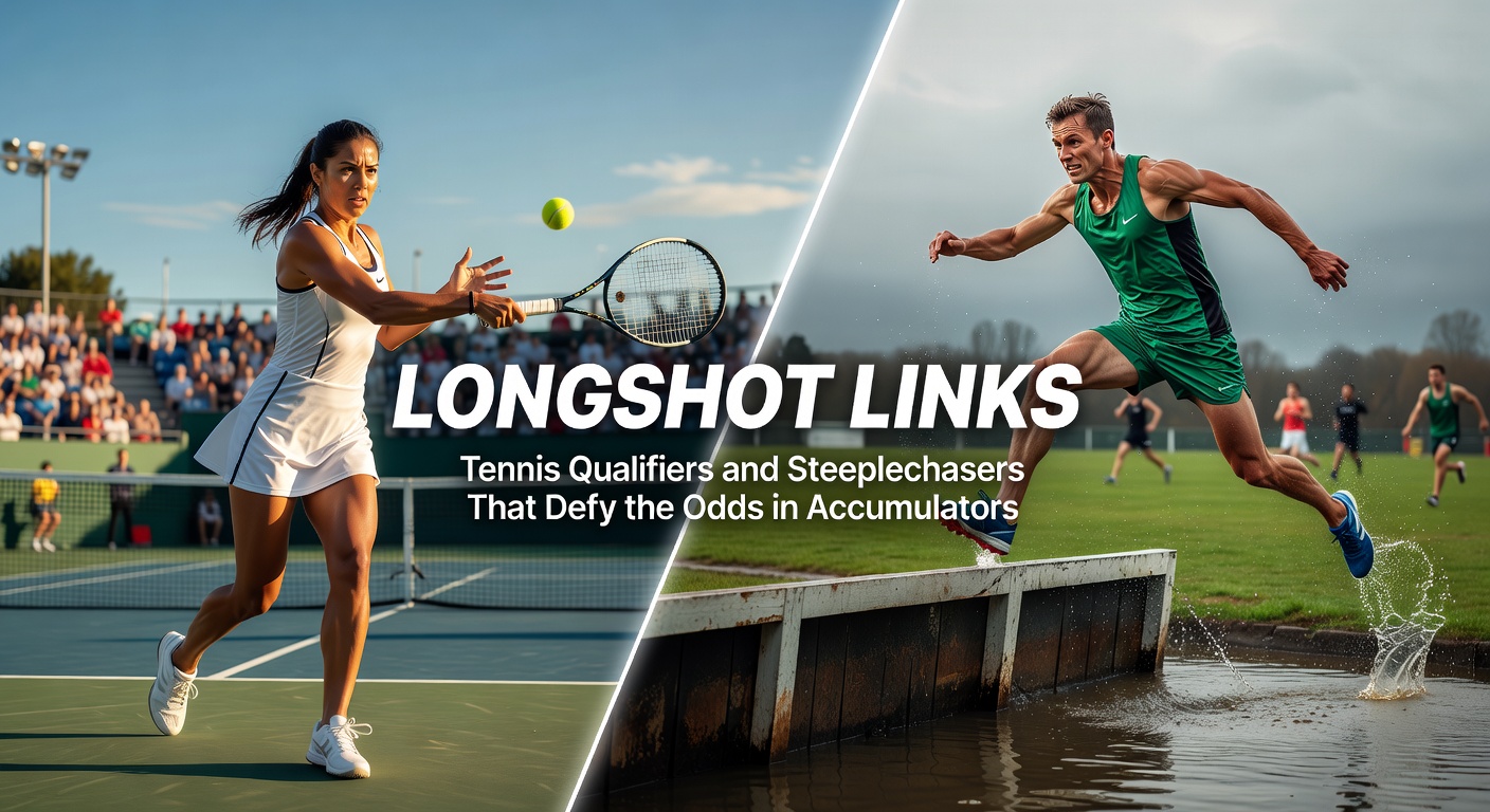 A tennis qualifier lunging for a shot on clay court while a steeplechaser hurdles a fence in mid-race, symbolizing high-odds triumphs in betting accumulators