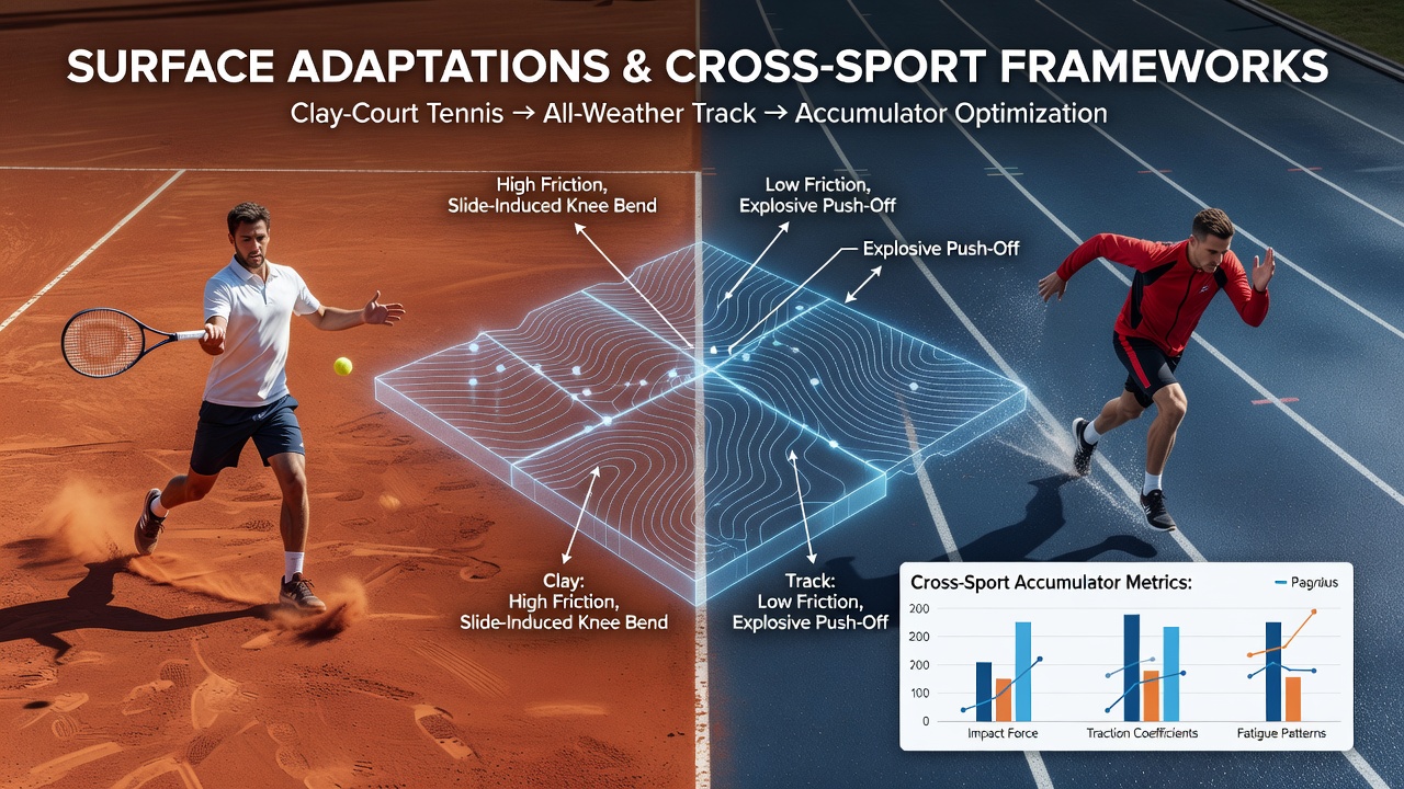 Clay court tennis player sliding during a match with surface adaptation analysis overlay