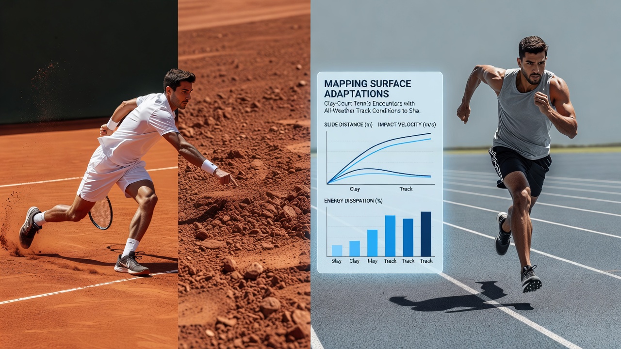 All-weather track athlete competing alongside tennis surface data visualization