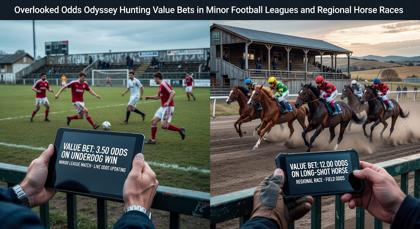A dimly lit provincial horse racing track at dusk with a small crowd watching a tight finish, evoking the thrill of overlooked bets