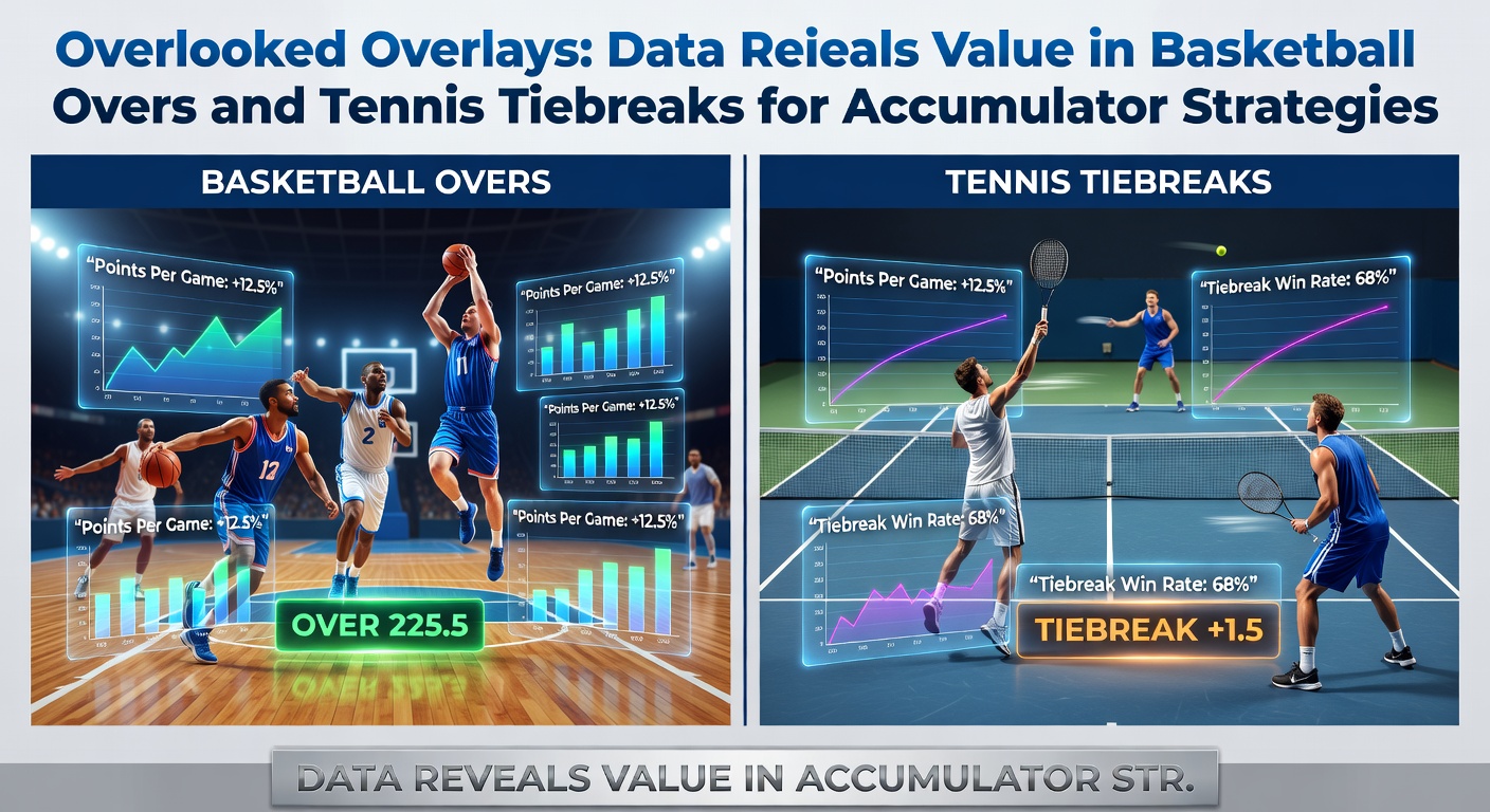 Close-up chart overlay on a tennis scoreboard frozen at 6-6 in a tiebreak with NBA total points line graphs rising sharply in the background, illustrating data-driven betting intersections for savvy accumulators
