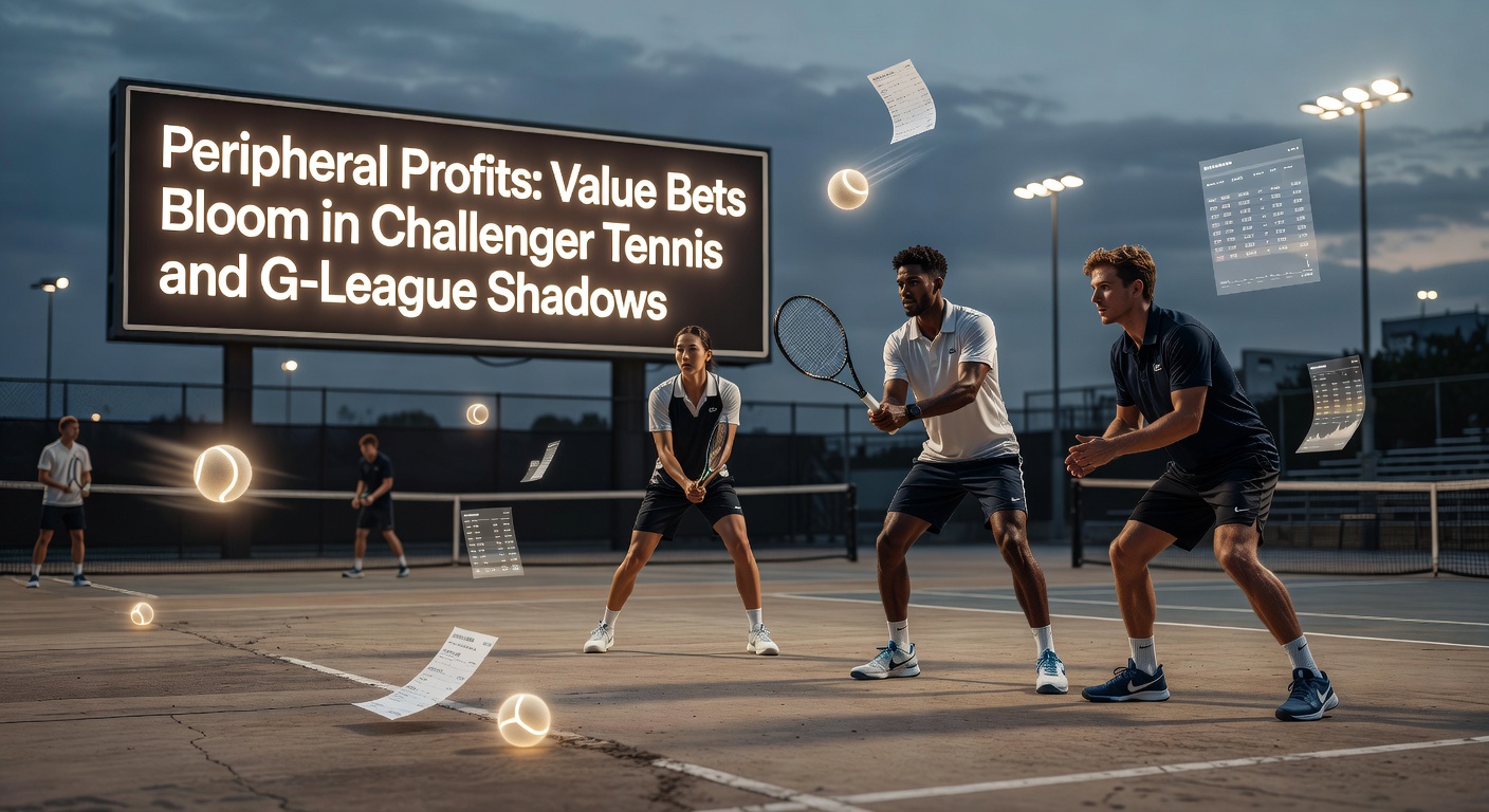 Intense challenger tennis match on clay court under bright lights, players battling for points amid sparse crowds, symbolizing untapped betting value