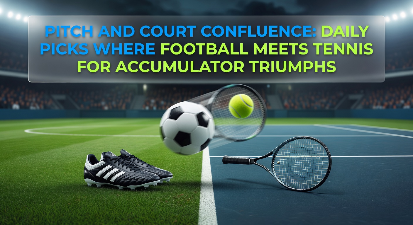 Dynamic scene of a soccer player striking the ball on a lush pitch alongside a tennis player serving powerfully on clay court, symbolizing the blend in accumulator betting strategies