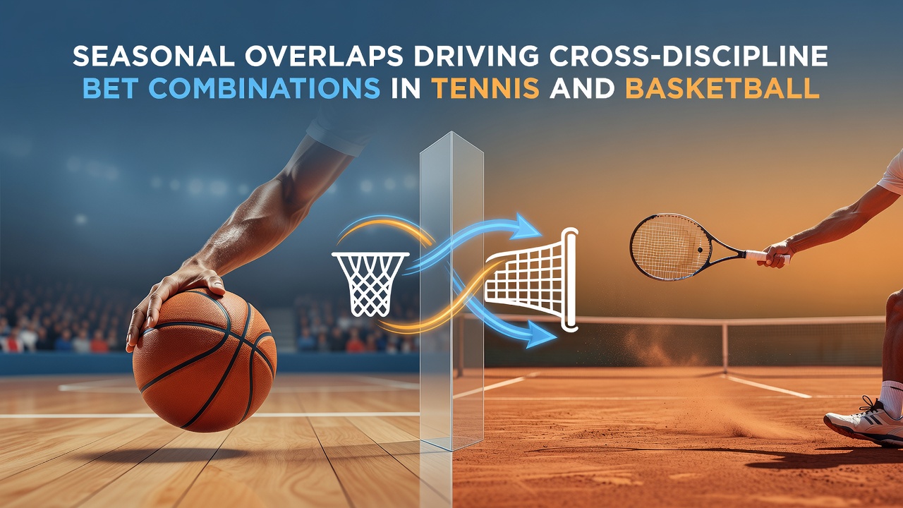 Tennis court and basketball arena split view showing overlapping seasonal schedules