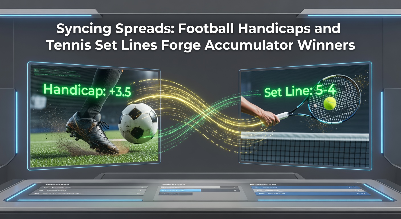 Dynamic graphic showing a football pitch merging with a tennis court, overlaid with handicap lines and set betting odds