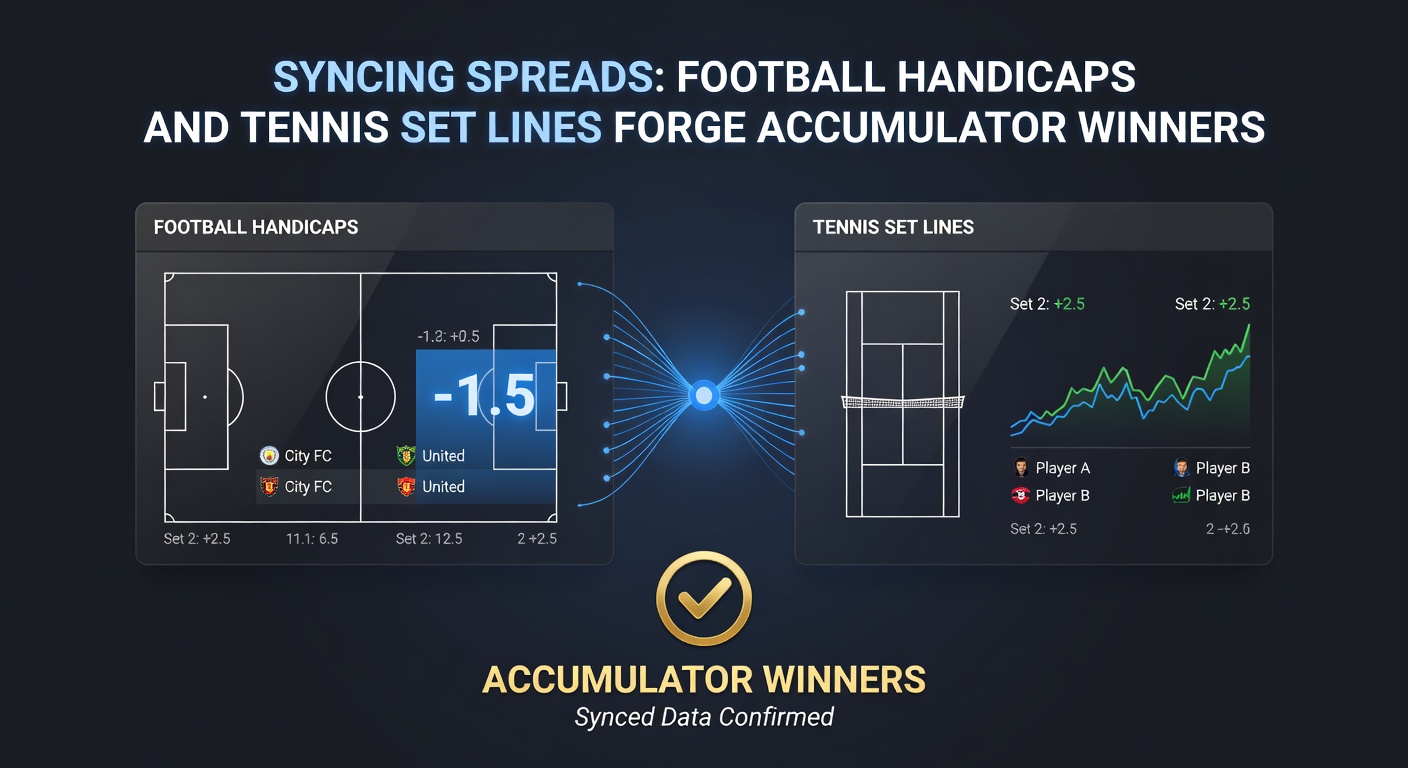 Close-up chart illustrating synced football handicap outcomes with tennis set line results, highlighting successful accumulator paths