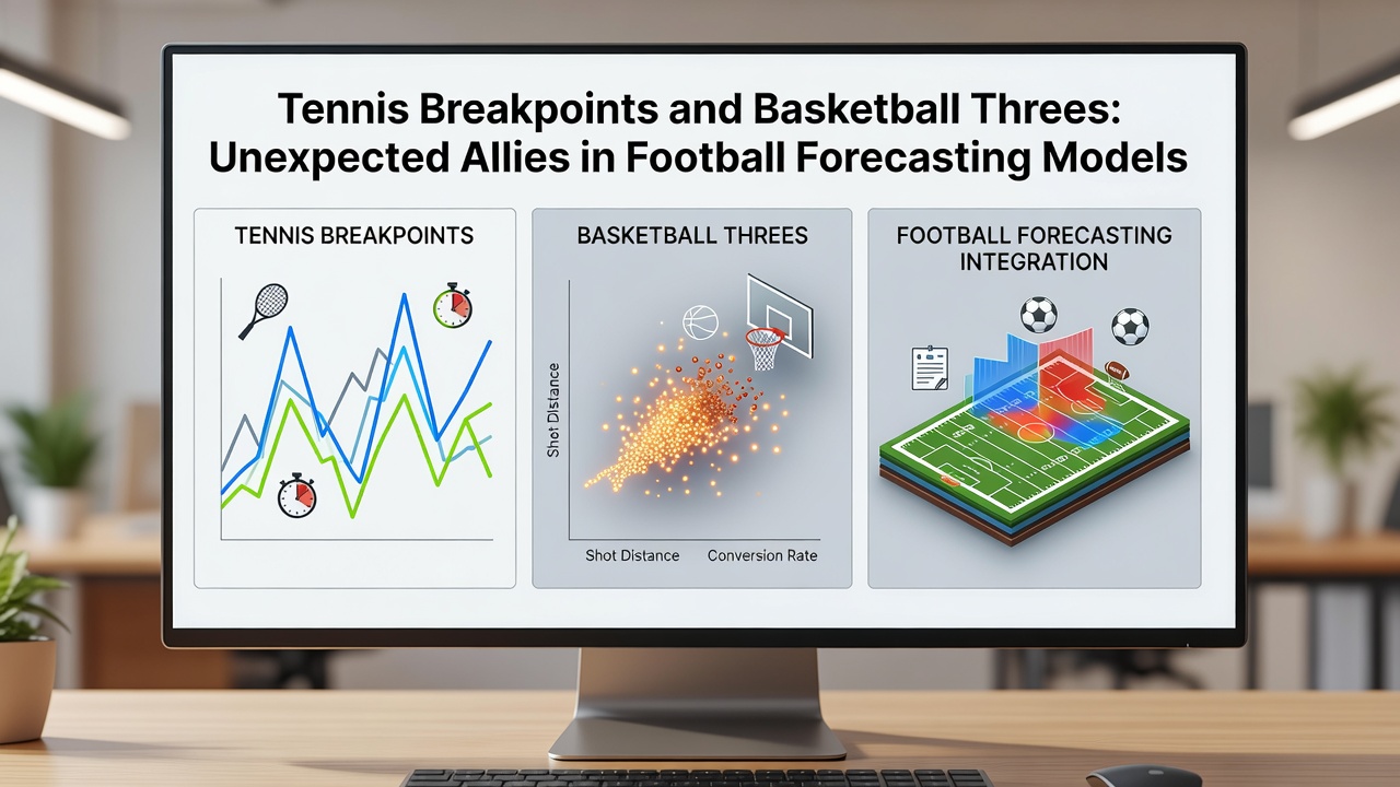 Data visualization showing correlations between tennis breakpoints, basketball threes, and football match outcomes