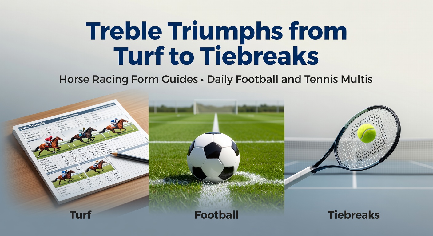 Dynamic collage of a horse racing track, soccer pitch action, and tennis tiebreak rally, overlaid with treble bet slips showing winning payouts