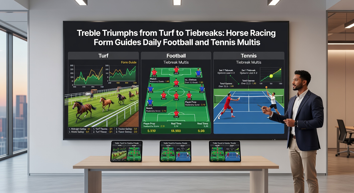 Close-up of a treble bet slip combining horse racing exacta, football match result, and tennis set winner, with glowing payout figures