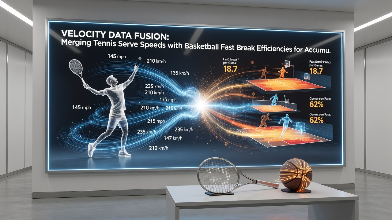 Data visualization chart showing merged tennis serve speed and basketball fast break efficiency metrics overlaid on an accumulator betting interface