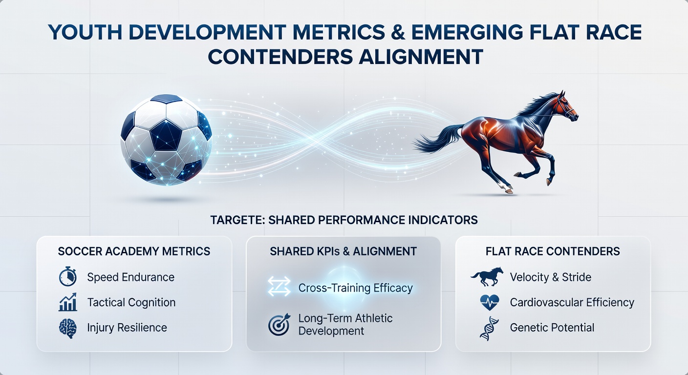 Data dashboards displaying soccer youth metrics alongside flat racing contender profiles for accumulator planning